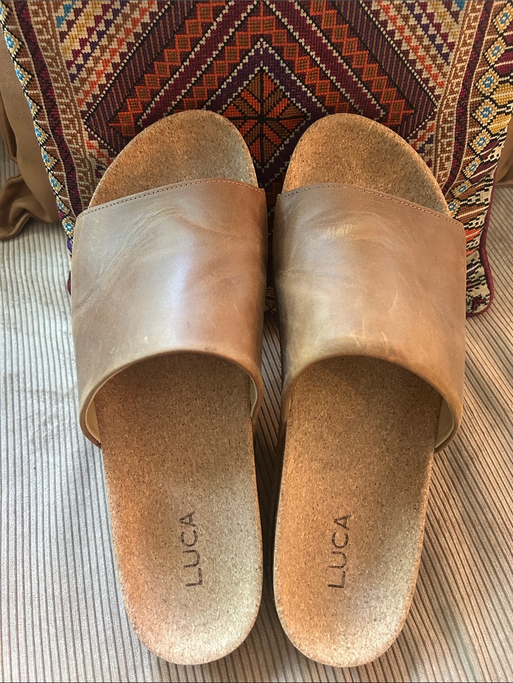Luca mens size 13 euro slides leather uppers, rubber soles, cork footbed in VGUC
